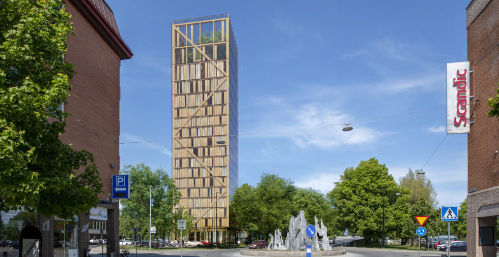 Hotellet planeras bli 100 meter hög och bestå av 240 hotellrum. Idén nu är att det ska byggas nära bibliotekshuset i centrala Karlstad. Foto: Wingårdhs