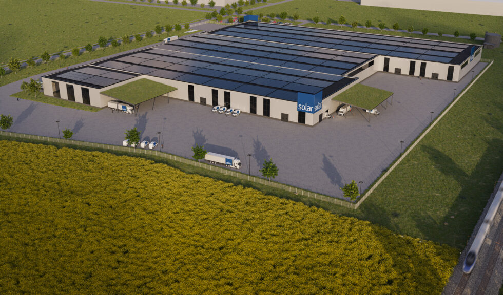 NA Bygg uppför Solar Sveriges nya logistikanläggning i Kumla. Bild: Solar Sverige