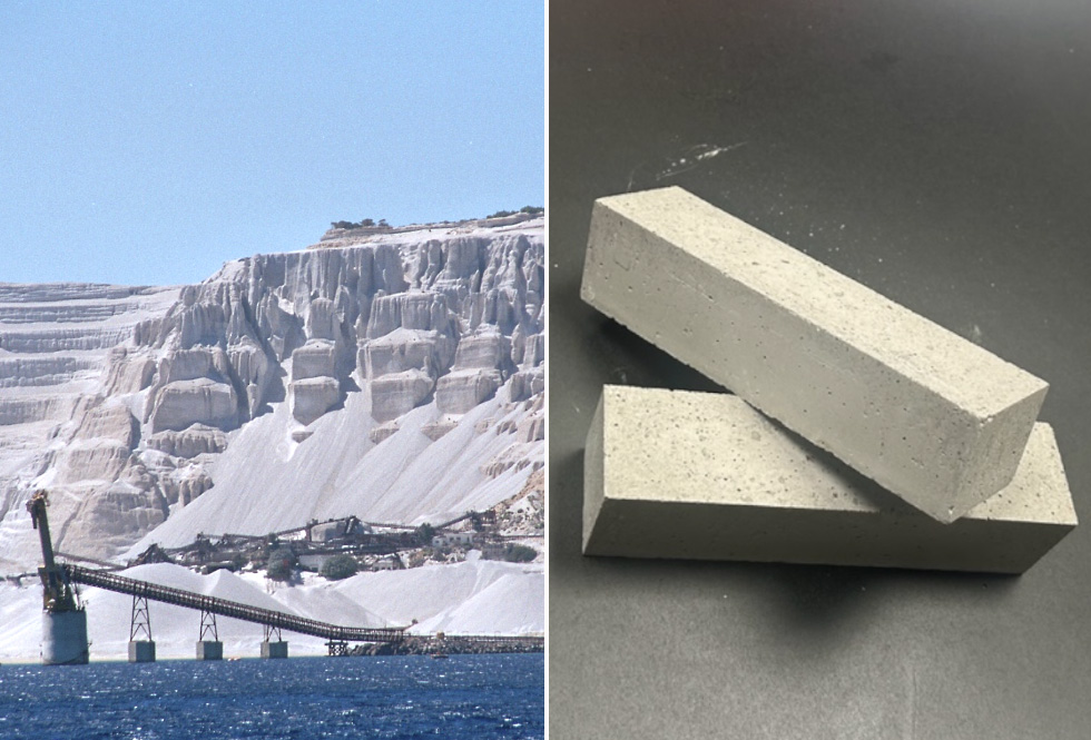 collage som visar ön där vulkanaskan finns, samt betongblock med vulkanaska som bindemedel