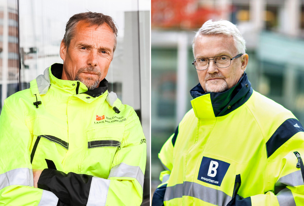 Lars Hildingsson, Byggnads och Mats Åkerlind, Byggföretagen, båda i gula varesljackor