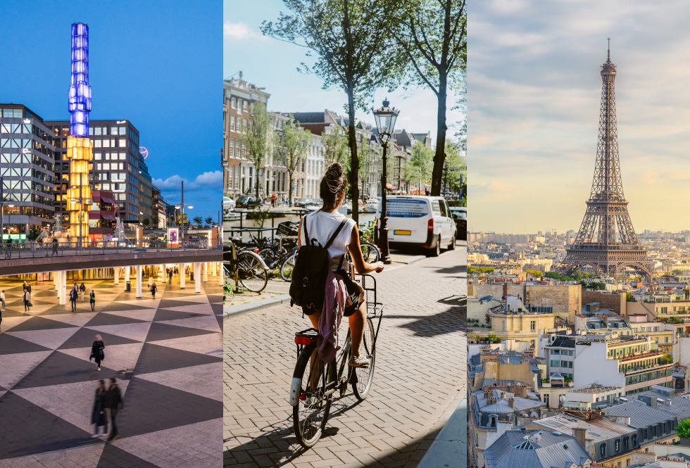 Collage som visar Sergelstors i Stockholm, kvinna på cykel i Amsterdam och Paris med Eiffeltornet.