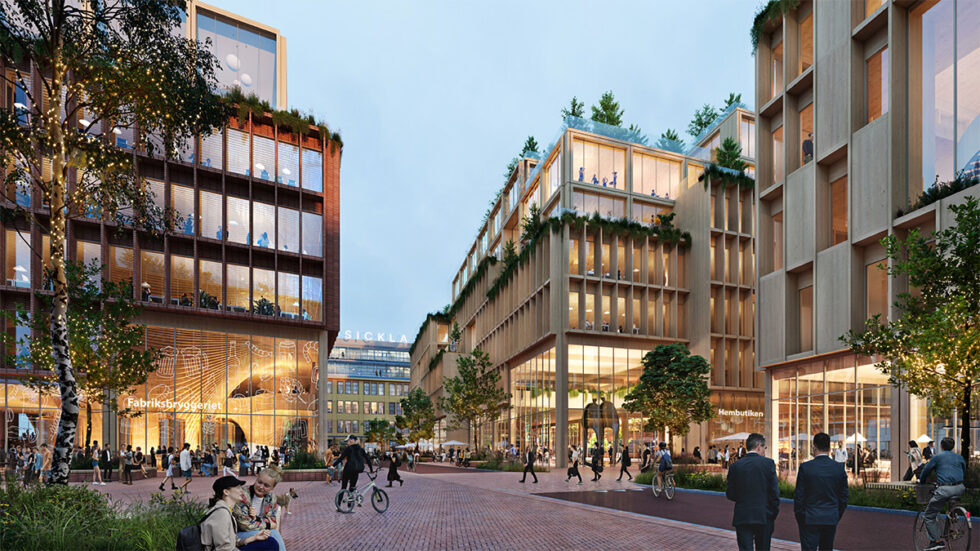 Skisse som viser Stockholm Wood City fullt utviklet