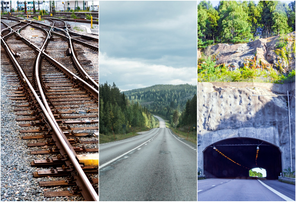 kollage över infrastruktur, som visar järnväg, vägsträcka och en tunnel